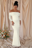 Pretty Perfect White Maternity Ruched Mesh Bardot Maxi Dress