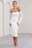 Favor White Ruched Mesh Bardot Midi Dress