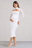Lady In Waiting White Ruched Mesh Long-Sleeved Maternity Midi Dress