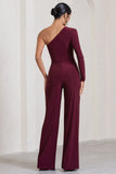 Mila Burgundy One Shoulder Ruched Wide Leg Jumpsuit