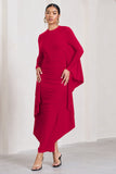 Keva Red Long Sleeve Ruched Maxi Dress with Cape Detailing