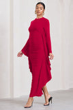 Keva Red Long Sleeve Ruched Maxi Dress with Cape Detailing