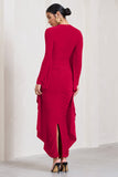 Keva Red Long Sleeve Ruched Maxi Dress with Cape Detailing