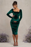 New Life Bottle Green Velvet Maternity Square Neck Ruched Midi Dress