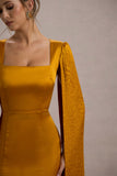 Nalda Mustard Square-Neck Midi Dress With Cape Sleeves