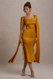Nalda Mustard Square-Neck Midi Dress With Cape Sleeves