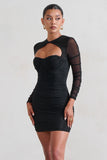 Daiquiri Black Ruched Cut Out Mesh Mini Dress With Long Sleeves