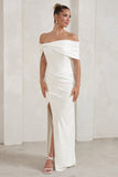 Eva White Bardot Bow Detail Maxi Dress With Thigh Split