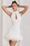Tillie White Sequin High Neck Trapeze Mini Dress With Feather Hem Detail