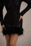 Claudia Black Sequin High Neck Feather Hem Mini Dress With Long Sleeves