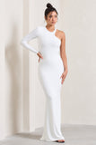 Tyra White Asymmetric Neck Cut Out Maxi Dress With Open Back Detail