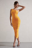 Dorit Mango One Shoulder Asymmetric Ruched Midi Dress