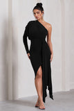 Catherine Black One Sleeve Asymmetric Midi Dress With Statement Drape
