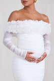 Orchid White Ruched Mesh Floral Bardot Maternity Midi Dress