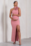 My Promise Blush Pink Asymmetric Halter Collar Maternity Maxi Dress With Flowers