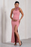 My Promise Blush Pink Asymmetric Halter Collar Maternity Maxi Dress With Flowers