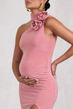 My Promise Blush Pink Asymmetric Halter Collar Maternity Maxi Dress With Flowers