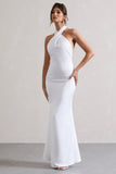Unbeatable White Satin Cross Over Halter-Neck Maxi Dress