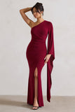 Giada Berry Ruched One Shoulder Cape Sleeve Maxi Dress