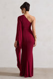 Giada Berry Ruched One Shoulder Cape Sleeve Maxi Dress