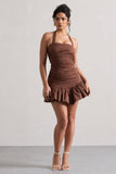 Zahra Chocolate Brown Halter-Neck Ruched Mini Dress With Ruffle Hem