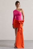 Abstract Pink & Orange One Shoulder Mini Dress With Side Drape