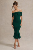 Lydia Bottle Green Bardot Bow Detail Midi Dress