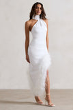 Brilliance White Asymmetric Maxi Dress With Feather Trim