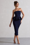 Chicago Navy Bodycon Bandeau Midi Dress With Peplum Detail