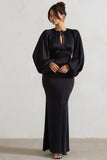 Wild Rose Black Satin Puff-Sleeve Cut-Out Maxi Dress