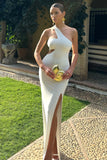 Matiya White Asymmetric Cut-Out Split Maxi Dress