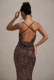 Cosmic Bronze Sequin Square-Neck Strappy Maxi Dress
