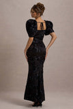 Marilla Black Mesh Floral Square-Neck Puff-Sleeve Maxi Dress