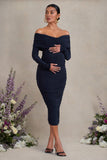Davina Navy Ruched Twist Bardot Long-Sleeve Maternity Midi Dress