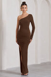 Mallory Chocolate Brown Asymmetric Split Maxi Dress