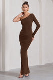 Mallory Chocolate Brown Asymmetric Split Maxi Dress