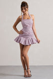 Zahra Pink & Black Polka Dot Halter-Neck Ruched Mini Dress With Ruffle Hem
