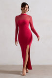 Enchantress Red High-Neck Split Maxi Dress With Mesh Sleeves