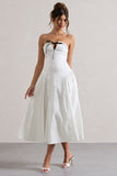 Serrenti White Poplin Strapless Lace Detail Midi Dress With Volume Skirt