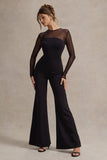 Iggy Black Flared-Leg Jumpsuit With Mesh Sleeves