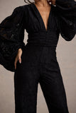 Calamina Black Lace Plunge-Neck Wide-Leg Jumpsuit