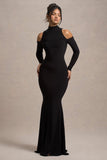 Catarina Black Turtle-Neck Long-Sleeve Maxi Dress With Cold Shoulders