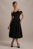Calliopia Black Bow Bardot Midi Dress With Puff-Ball Skirt