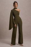 Fenix Khaki Asymmetric Cape-Sleeve Straight-Leg Jumpsuit