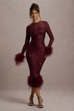 Afterglow Port Sequin Long-Sleeve Midi Dress With Feather Trims
