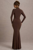 Tova Chocolate High-Neck Long-Sleeve Maxi Dress
