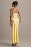 Eimear Lemon Satin Draped Sweetheart Maxi Dress