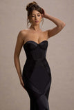Custom Black Satin Sweetheart Corset Fishtail Maxi Dress
