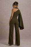 Fenix Khaki Asymmetric Cape-Sleeve Straight-Leg Jumpsuit