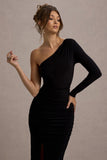 Doll Black Asymmetric One Sleeve Ruched Maxi Dress